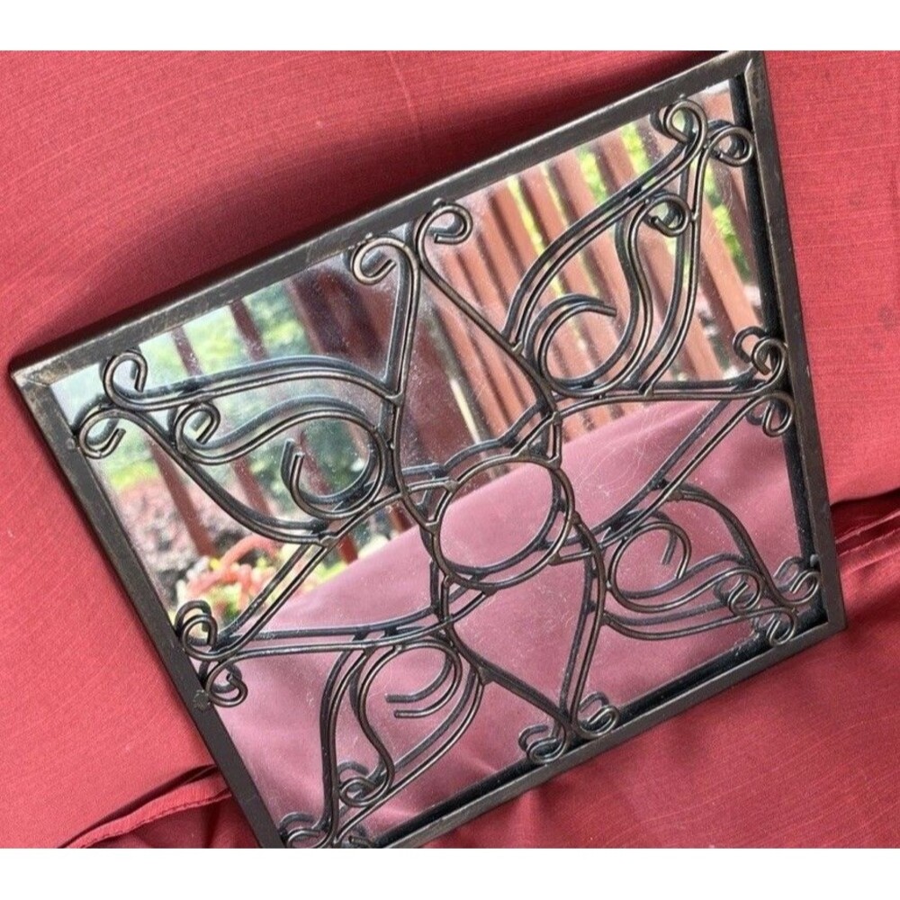 9”x9” Square Decorative Metal Mirror Brown With Geometric Design